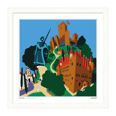 Ilustração colorida de castelo castanho com telhados vermelhos e estátua de guerreiro, com céu azul e árvores verdes