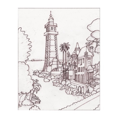 Desenho a tinta preta de farol, palmeiras e vilas antigas