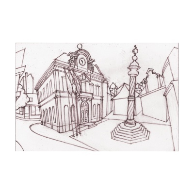 Desenho a lápis de uma cena urbana com edifício clássico e fonte