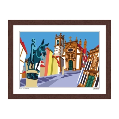 Pôster artístico emoldurado com escultura de cavalo azul e arquitetura histórica colorida