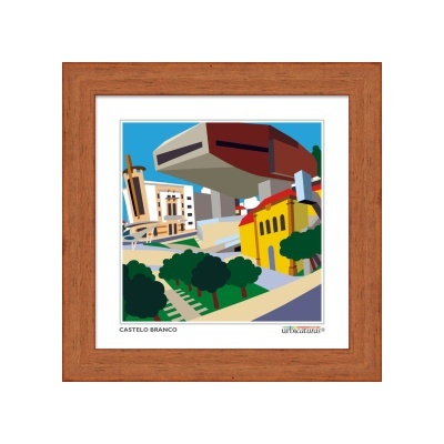Quadro com ilustração colorida do Castelo Branco em moldura de madeira