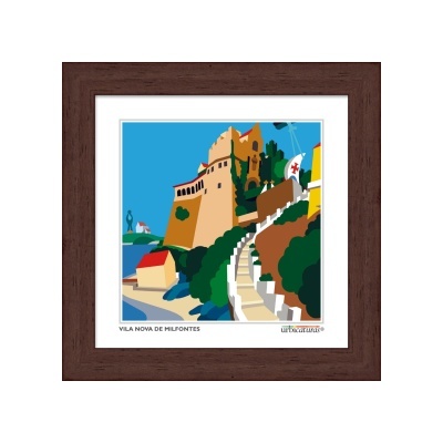 Quadro colorido com imagem estilizada de castelo e escadas em Vila Nova de Milfontes