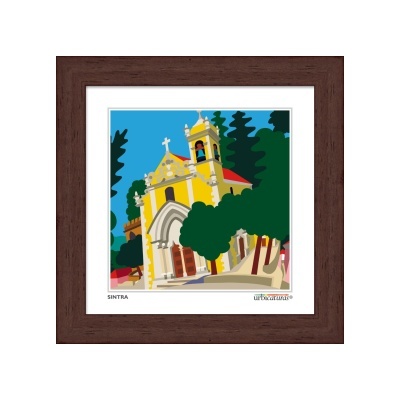 Imagem ilustrativa com quadro de igreja amarela em Sintra e moldura castanha