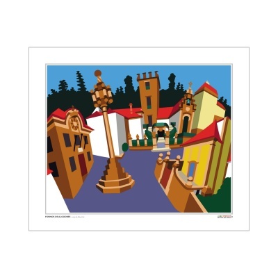 Ilustração colorida de uma praça urbana com edifícios e candeeiro central