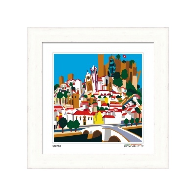 Imagem digital estilizada da cidade de Silves, Portugal, com casas brancas e castelo