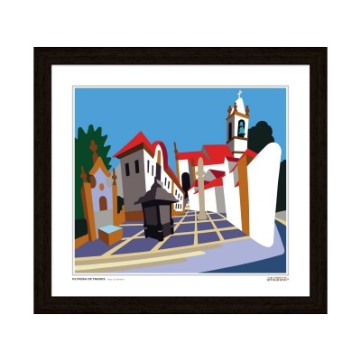 Quadro colorido de rua com casas brancas e telhados vermelhos em moldura escura