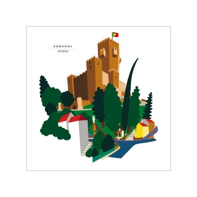 Ilustração gráfica de castelo em Sabugal com casas, árvores e rio