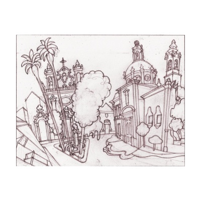 Desenho a lápis de rua urbana com edifícios e árvores