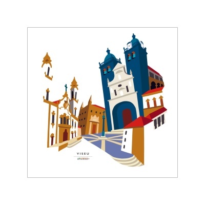 Ilustração colorida de monumentos e ruas de Viseu