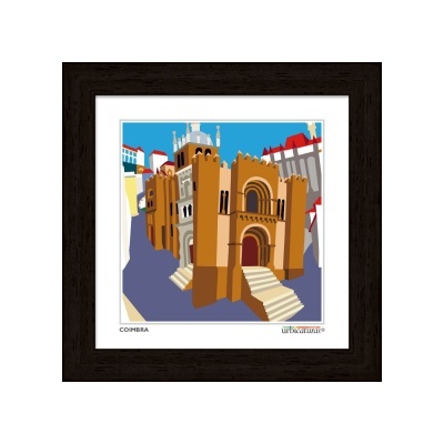 Ilustração colorida da Sé Velha de Coimbra em moldura castanha escura