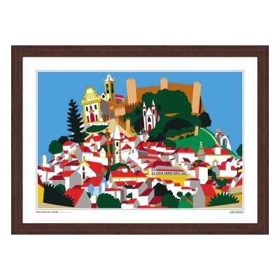 Ilustração digital colorida da cidade de Marvão com casas brancas, telhados vermelhos e castelo