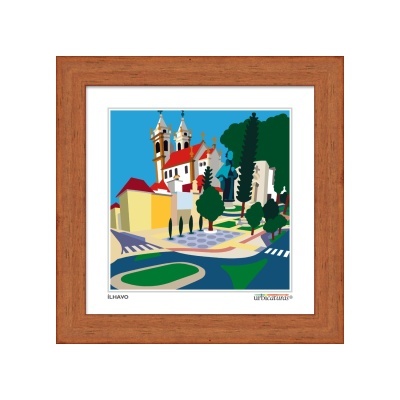 Quadro com moldura de madeira mostrando ilustração colorida de paisagem urbana com texto Ilhavo