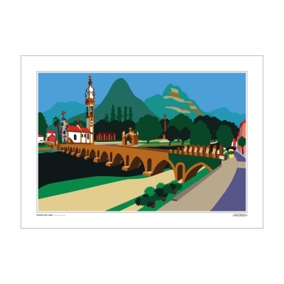 Ilustração colorida de paisagem com ponte, edifícios e montanhas