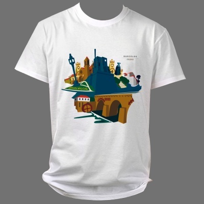 T-shirt branca com ilustração colorida da cidade de Barcelos