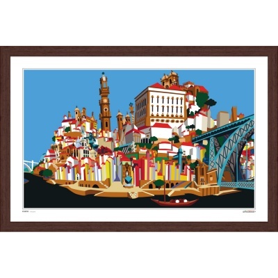 Gravura colorida de paisagem urbana com edifícios, ponte azul e barco