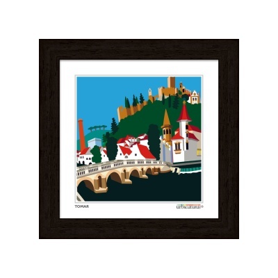 Ilustração emoldurada de Tomar com ponte, edifícios e fortaleza