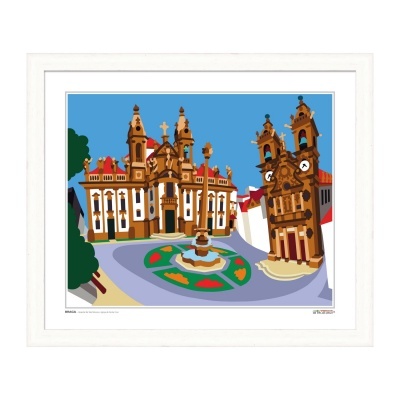 Ilustração de edifícios históricos com fontes e céu azul