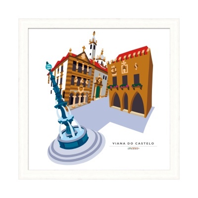 Ilustração estilizada da cidade de Viana do Castelo com edifícios e fonte azul