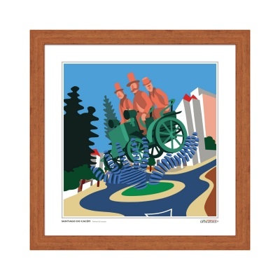 Ilustração colorida em quadro com moldura castanha de figuras com chapéus e estrutura verde