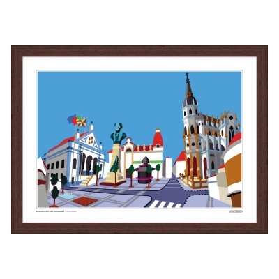 Ilustração digital colorida de uma praça com edifícios históricos emoldurada