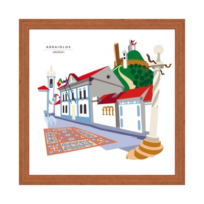 Ilustração de rua com casas, colina, coluna e tapetes tradicionais