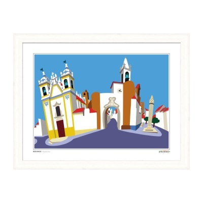 Gravura colorida emoldurada de cenário urbano histórico com torres e arco