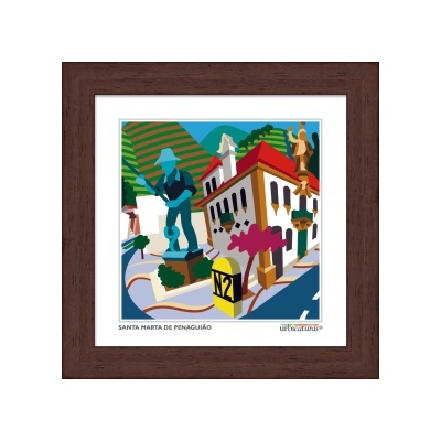 Ilustração colorida de Santa Marta de Penaguião em quadro com moldura castanha.