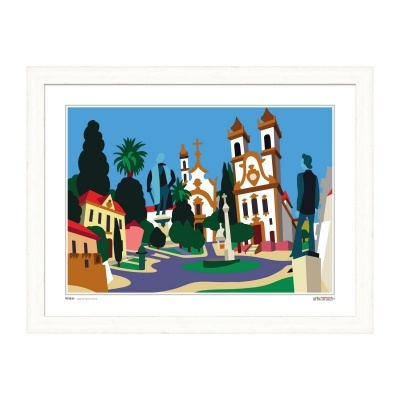 Ilustração colorida de uma cidade com edifícios, árvores e estátuas, em moldura branca