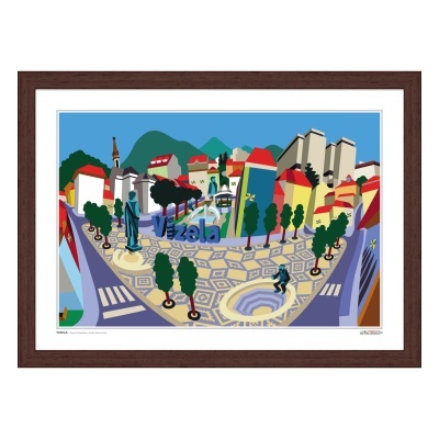 ilustração colorida estilizada da vila de Vizela com texto