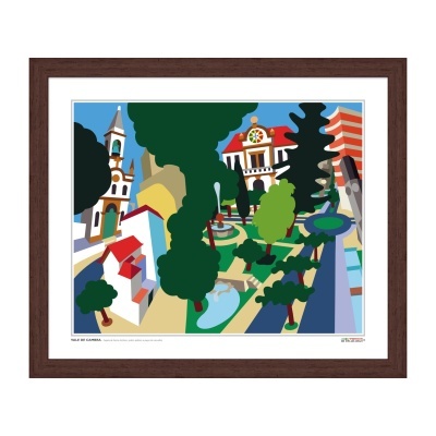Quadro artístico colorido de Vale de Cambra com capela, jardim e edifícios.