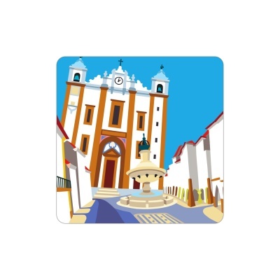 Ilustração digital de praça com chafariz e edifício branco com relógio e cruz