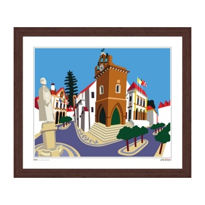 Imagem ilustrativa de uma praça com prédios coloridos e uma estátua com moldura castanha