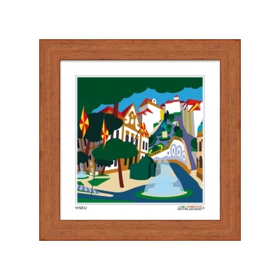 Ilustração colorida de paisagem urbana emoldurada por moldura de madeira.