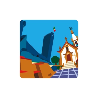 Desenho estilizado de castelo, igreja, árvore e paredes baixas com chão em mosaico