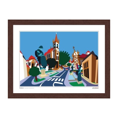 Ilustração colorida de paisagem urbana com edifícios, árvores e estátuas em moldura castanha