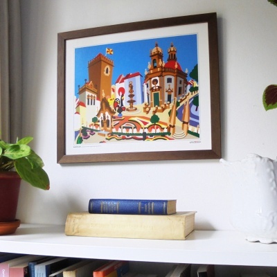 quadro colorido de cenário arquitetónico, estante com livros e vasos