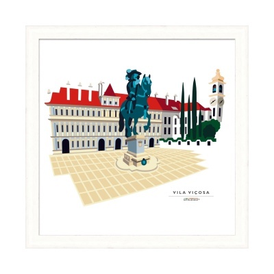 Ilustração moderna de praça com estátua e edifício em Vila Viçosa