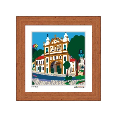 Quadro com ilustração colorida de edifício histórico em Pombal com moldura de madeira