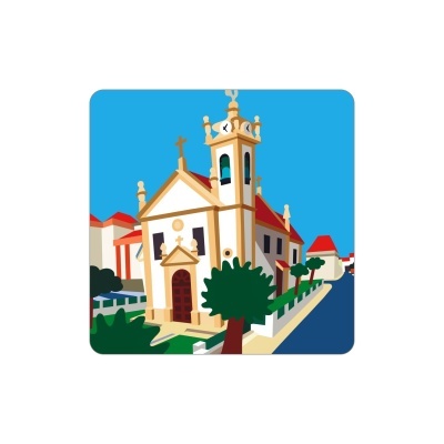 Igreja ilustrada com torre de relógio e árvores em fundo azul