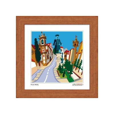 Gravura colorida de Vila Real em moldura de madeira marrom clara