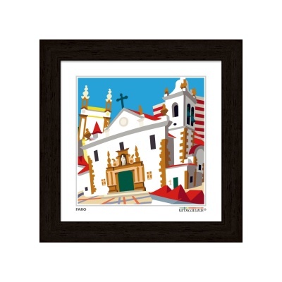 Quadro de igreja estilizada com moldura preta e passa-partout branco