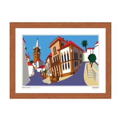 Quadro com arte gráfica de cenário urbano em tons castanhos, branco, vermelho e azul