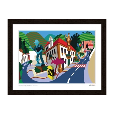 Ilustração colorida de Santa Marta de Penaguião com estátua e estrada