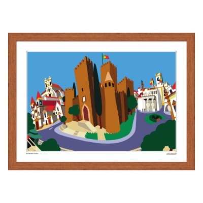 Ilustração colorida de castelo e vila com moldura de madeira