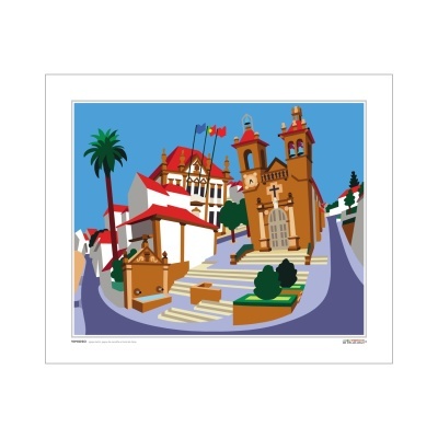 Ilustração de edifício histórico com cruz, escadas e palmeira ao centro, com céu azul