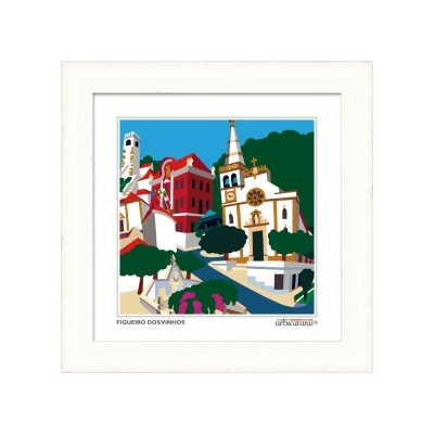 quadro decorativo com imagem digital colorida de edifícios e igreja em Figueiró dos Vinhos