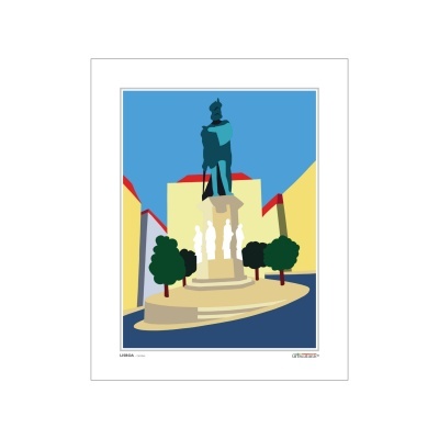 Ilustração de monumento em praça com estátua e árvores, edifícios amarelos e céu azul