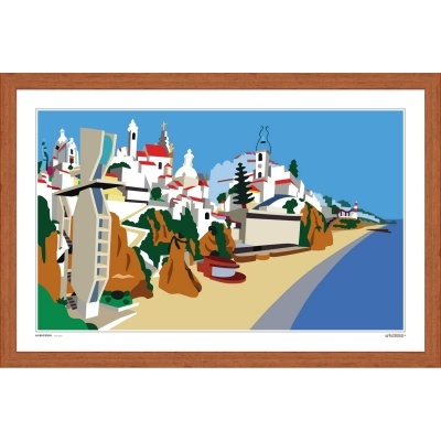 Imagem gráfica colorida de vila costeira com casas brancas e praia