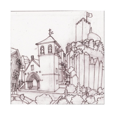 Desenho a lápis de uma cidade antiga com igreja, muros, torre e árvores.