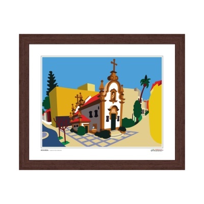 Ilustração digital de igreja tradicional com cruz em moldura de madeira